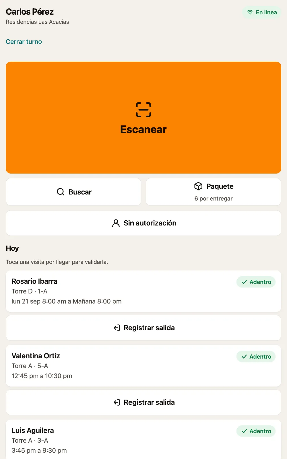 El inicio de la garita: Escanear, Buscar, Paquete con 6 por entregar, Sin autorización y la lista del día