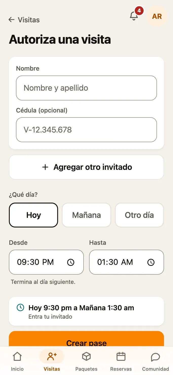 Autoriza una visita: nombre, cédula opcional, día y horario